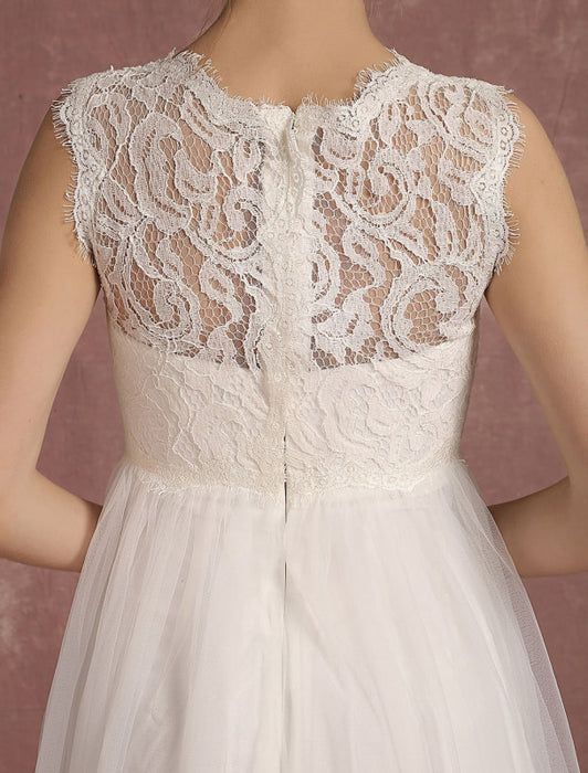 Summer Wedding Dresses 2021 Lace Empire Waist Bridal Gown Illusion Sleeveless Round Neck A Line Floor Length Bridal Dress