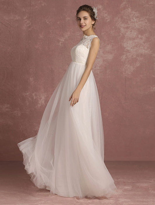 Summer Wedding Dresses 2021 Lace Empire Waist Bridal Gown Illusion Sleeveless Round Neck A Line Floor Length Bridal Dress