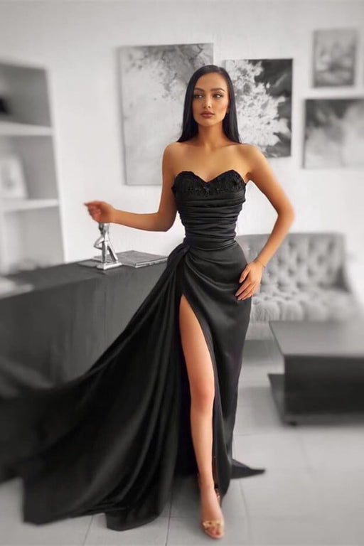 Sweetheart Applique Pleated Black Evening Dress Prom Dress