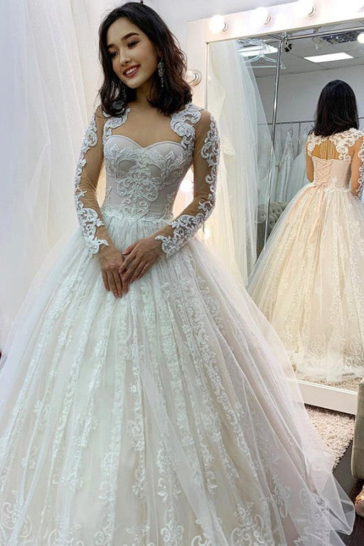Sweetheart Backless Lace Wedding Dress with Long Sleeves and Tulle Appliques - Wedding Dresses