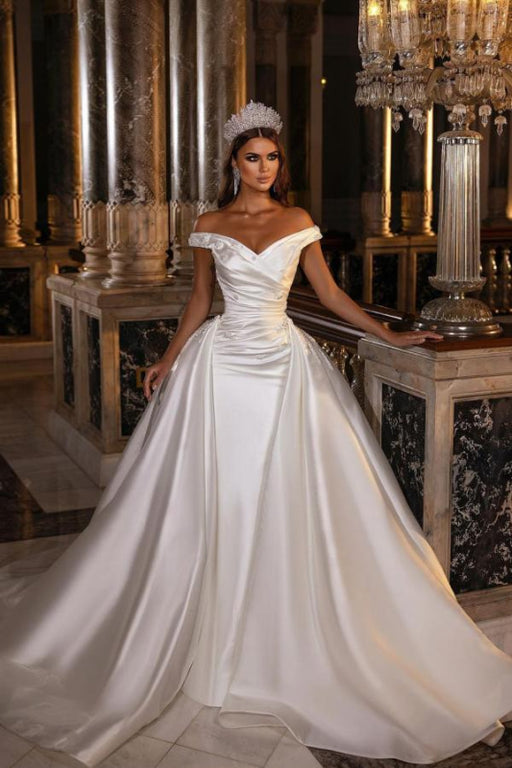 Sweetheart Backless Satin A-Line Off-The-Shoulder Bridal Gown with Ruffled Appliques - Wedding Dresses
