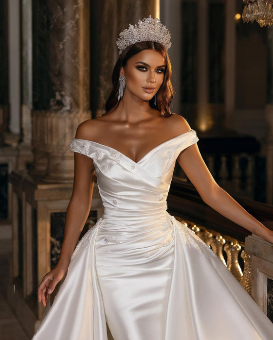 Miabel Sweetheart Backless Satin A-Line Off-The-Shoulder Bridal Gown with Ruffled Appliques