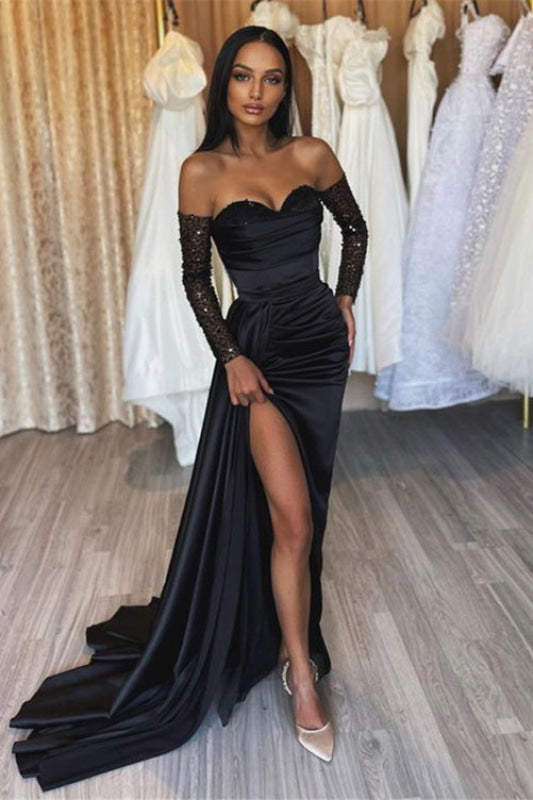 High Split Prom Dress Satin Prom Dress with Sleeves Black-Bridelily
