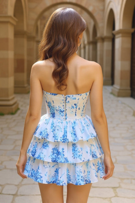 Sweetheart Blue Printed Short Homecoming Dress Sleeveless Prom Dress - Blue