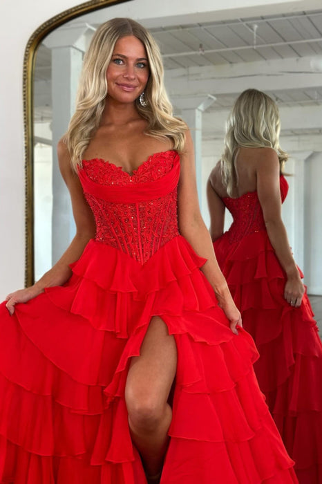 Red Sweetheart Chiffon A-Line Corset Prom Dress with Front Slit Ruffles