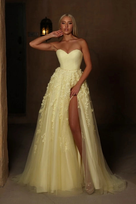 Sweetheart Lace Aline Prom Dress Sleeveless Satin Evening Dress with Front Split