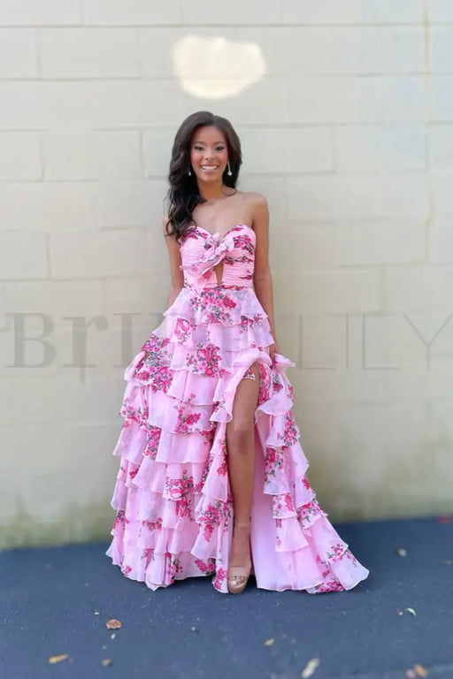 Sweetheart Floral Pink Aline Evening Dress Ruffle Front Split - Prom Dresses