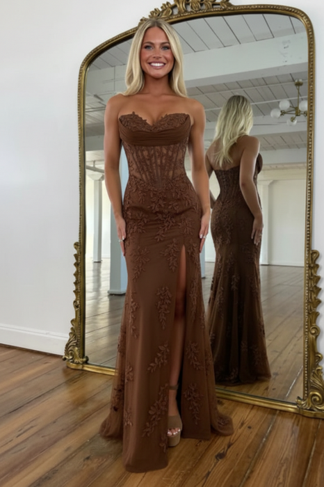 Brown Sweetheart Lace Corset Mermaid Prom Dress Strapless with Split - Prom Dresses