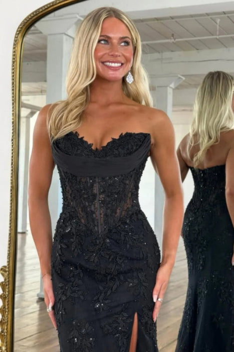 Sweetheart Lace Corset Mermaid Prom Dress Strapless with Split - Prom Dresses