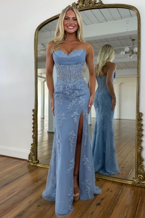 Dusty Blue Sweetheart Lace Corset Mermaid Prom Dress Strapless with Split - Prom Dresses