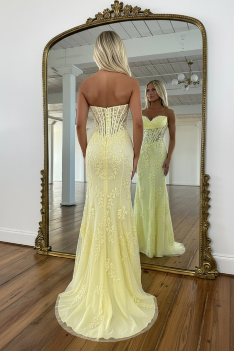 Sweetheart Lace Corset Mermaid Prom Dress Strapless with Split - Prom Dresses