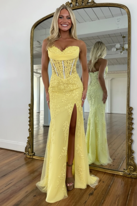 Yellow Sweetheart Lace Corset Mermaid Prom Dress Strapless with Split - Prom Dresses