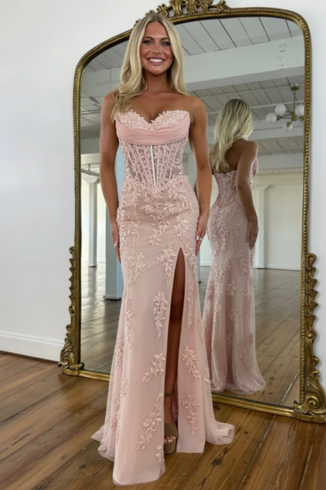 Dusty PInk Sweetheart Lace Corset Mermaid Prom Dress Strapless with Split - Prom Dresses