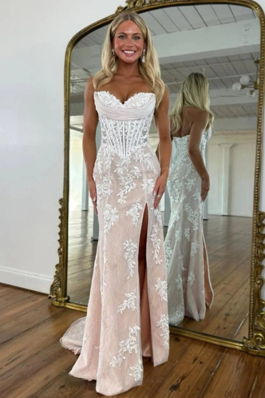 Sweetheart Lace Corset Mermaid Prom Dress Strapless with Split-Bridelily