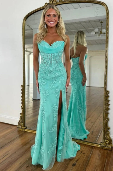 Sweetheart Lace Corset Mermaid Prom Dress Strapless with Split - Prom Dresses