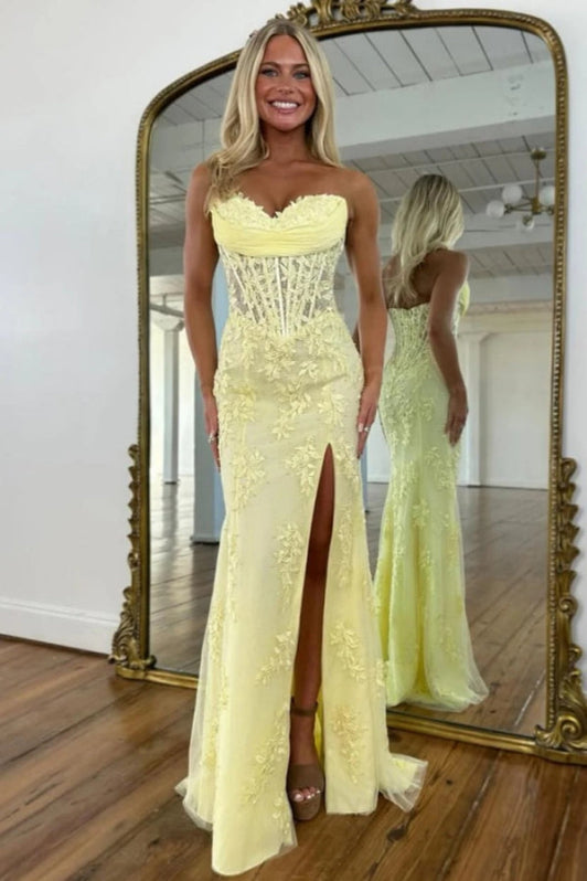 Sweetheart Lace Corset Mermaid Prom Dress Strapless with Split-Bridelily