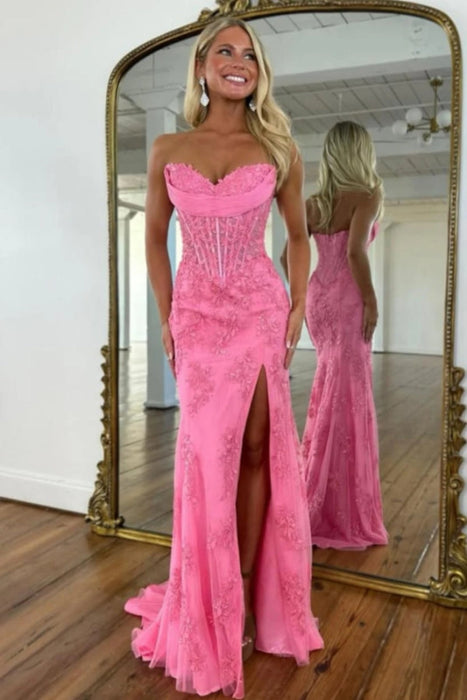 Sweetheart Lace Corset Mermaid Prom Dress Strapless with Split - Prom Dresses