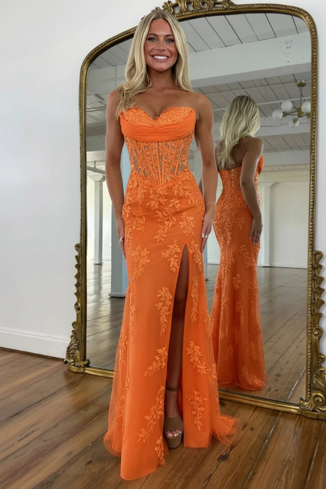 Orange Sweetheart Lace Corset Mermaid Prom Dress Strapless with Split - Prom Dresses