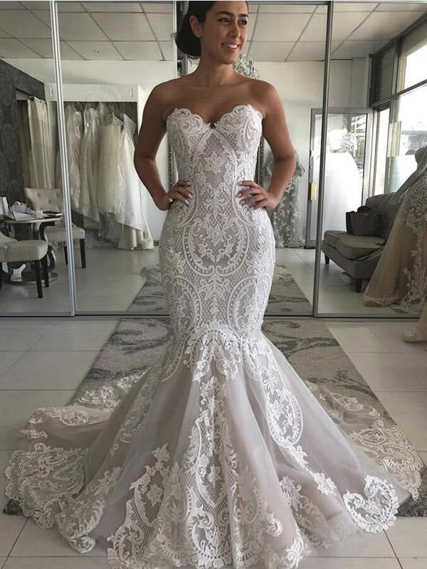 Sweetheart Vintage Lace Mermaid Wedding Dress With Sleeves - Bridelily Sweetheart Vintage Lace Mermaid Wedding Dress With Sleeves - Bridelily