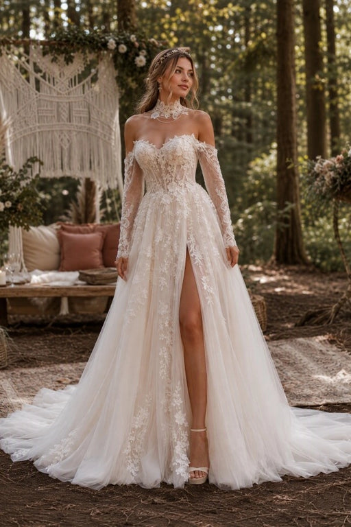 Sweetheart Lace Long Sleeve Tulle A-Line Bridal Gown with High Slit