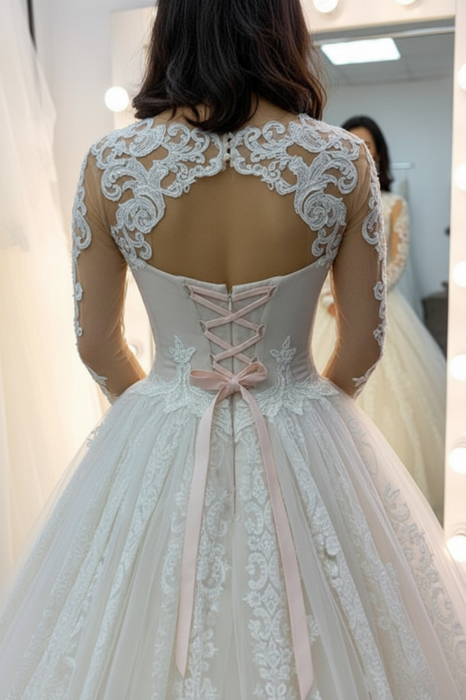 Sweetheart Lace Wedding Dress with Long Sleeves Tulle Appliques A Line Bridal Gown