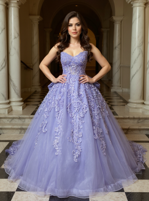 Woman in a lavender evening gown with floral lace details standing in an elegant hallway.