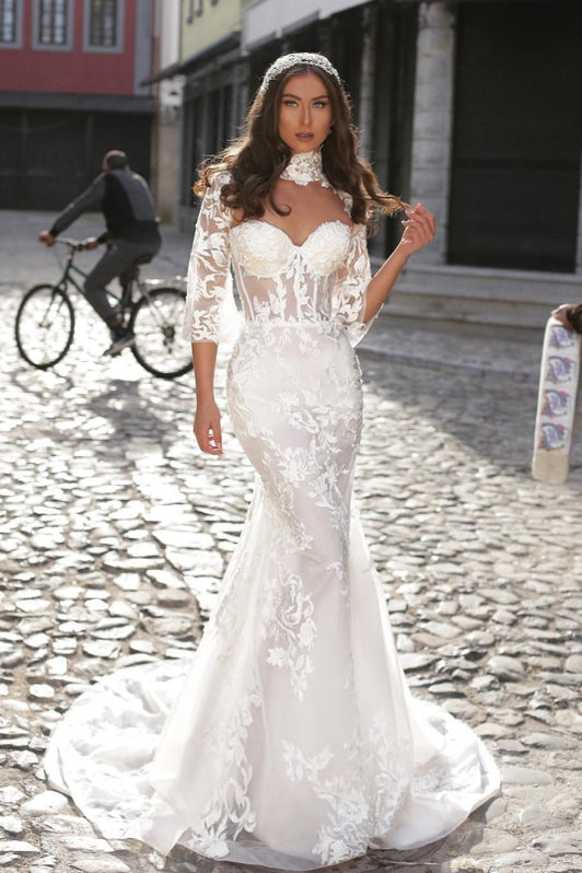 Mermaid Sweetheart Tulle Appliques Long Sleeve Wedding Dress WD726