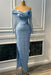 Sweetheart Long Sleeves Mermaid Prom Dress - Blue with Split Beads