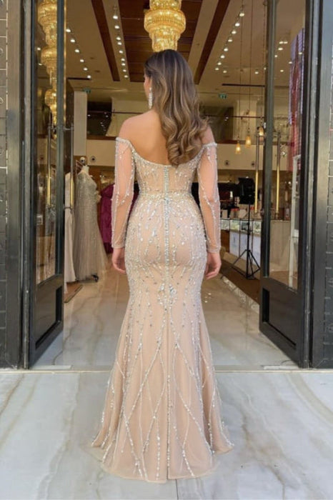 Sweetheart Long Sleeves Strapless Beadings Long Tulle Prom Dress Prom Dresses