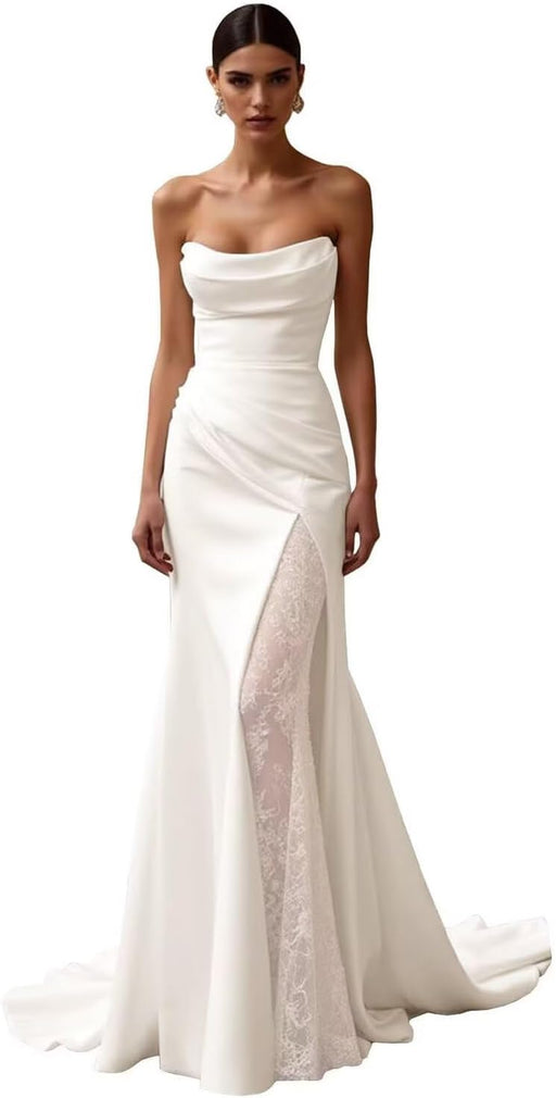 Sweetheart Mermaid Satin Wedding Dresses Long Sleeves Boho Beach Wedding Gown with Lace