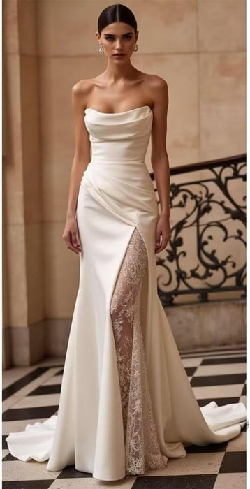 Sweetheart Mermaid Satin Wedding Dresses Long Sleeves Boho Beach Wedding Gown with Lace