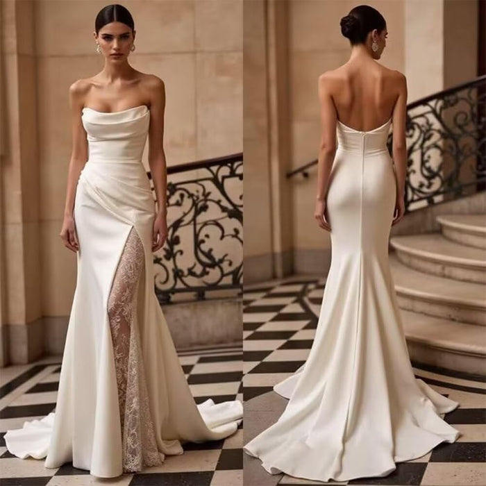 Sweetheart Mermaid Satin Wedding Dresses Long Sleeves Boho Beach Wedding Gown with Lace
