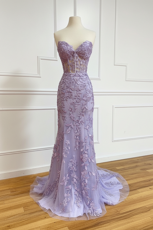 Sweetheart Mermaid Lace Prom Dresses Sleeveless Purple Formal Dresses