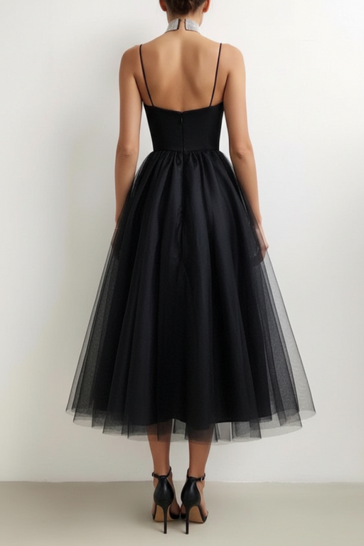 Sweetheart Neck Short Black Prom Dress with Straps Tulle Aline Graduation Evening Dress - Dress