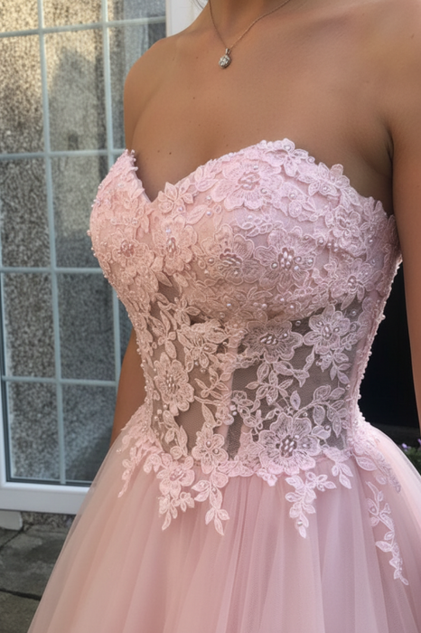 Sweetheart Neck Open Back Pink Lace Long Prom Dresses
