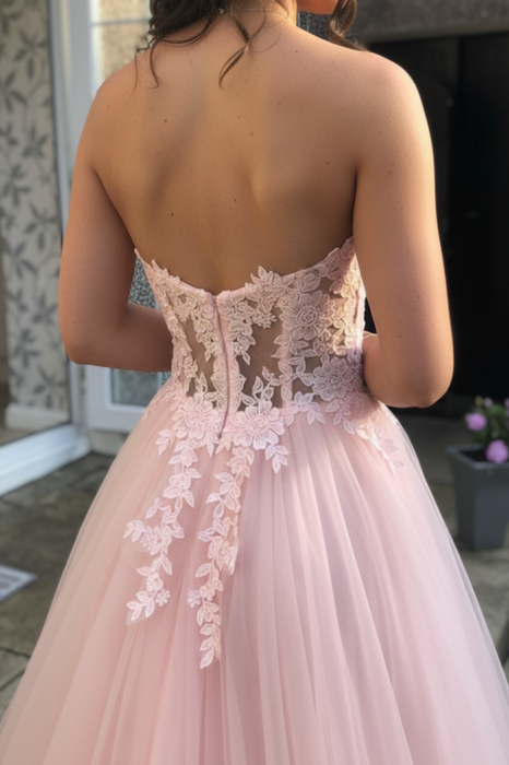 Sweetheart Neck Open Back Pink Lace Long Prom Dresses
