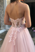 Sweetheart Neck Open Back Pink Lace Long Prom Dresses