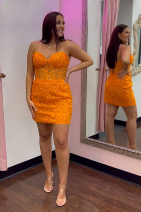 Orange Lace Sweetheart Tight Short Homecoming Dress