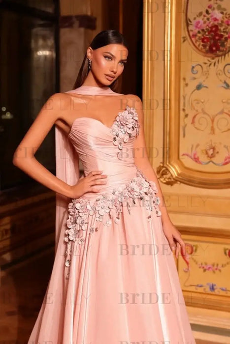 Sweetheart Pink Satin Ball Gown Prom Dresses with Flowers