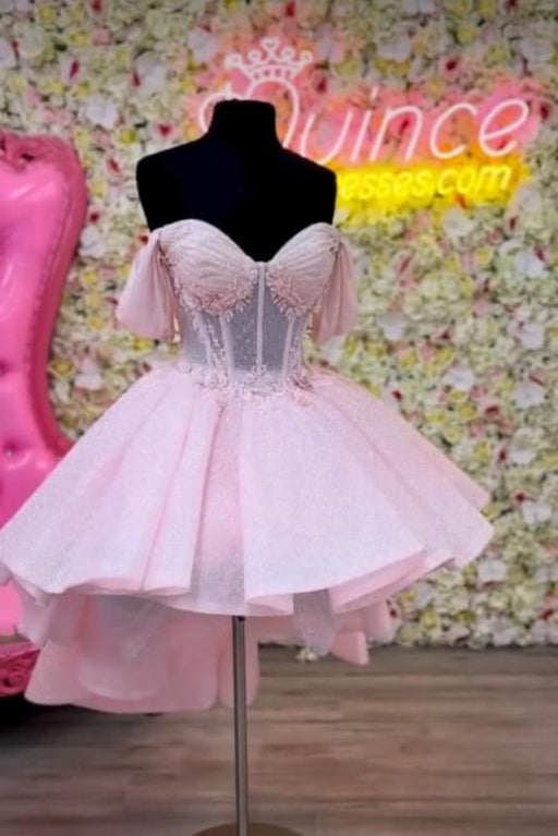 Off-the-Shoulder Tulle Aline Homecoming Dress Short Pink Cocktail Dress