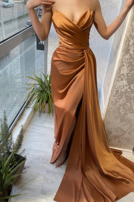 Sweetheart Pleated Satin Evening Dress Long High Slit