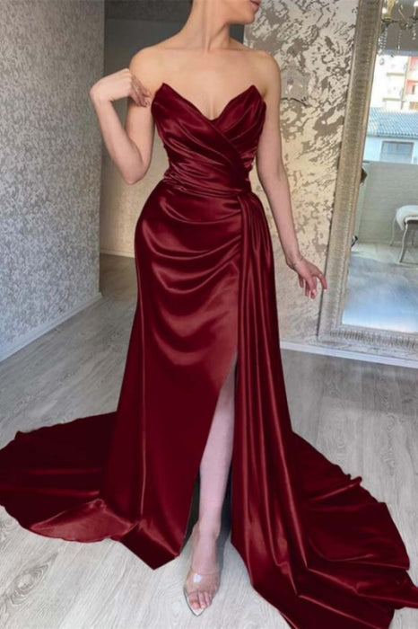 Sweetheart Pleated Satin Evening Dress Long High Slit