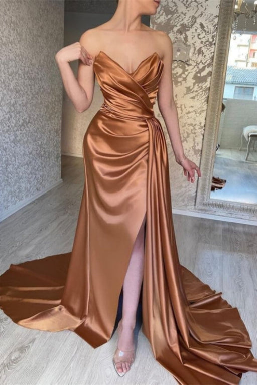 Sweetheart Pleated Satin Evening Dress Long High Slit