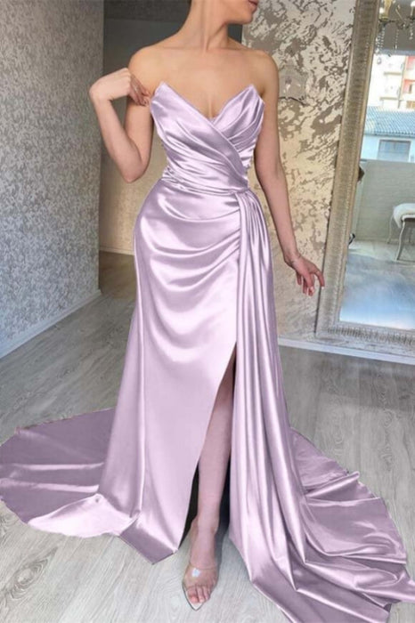 Sweetheart Pleated Satin Evening Dress Long High Slit