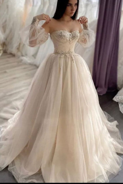 Sweetheart Romantic Lace Wedding Dress with Crystal Tulle A-Line and Long Sleeve Backless Appliques - Wedding Dresses