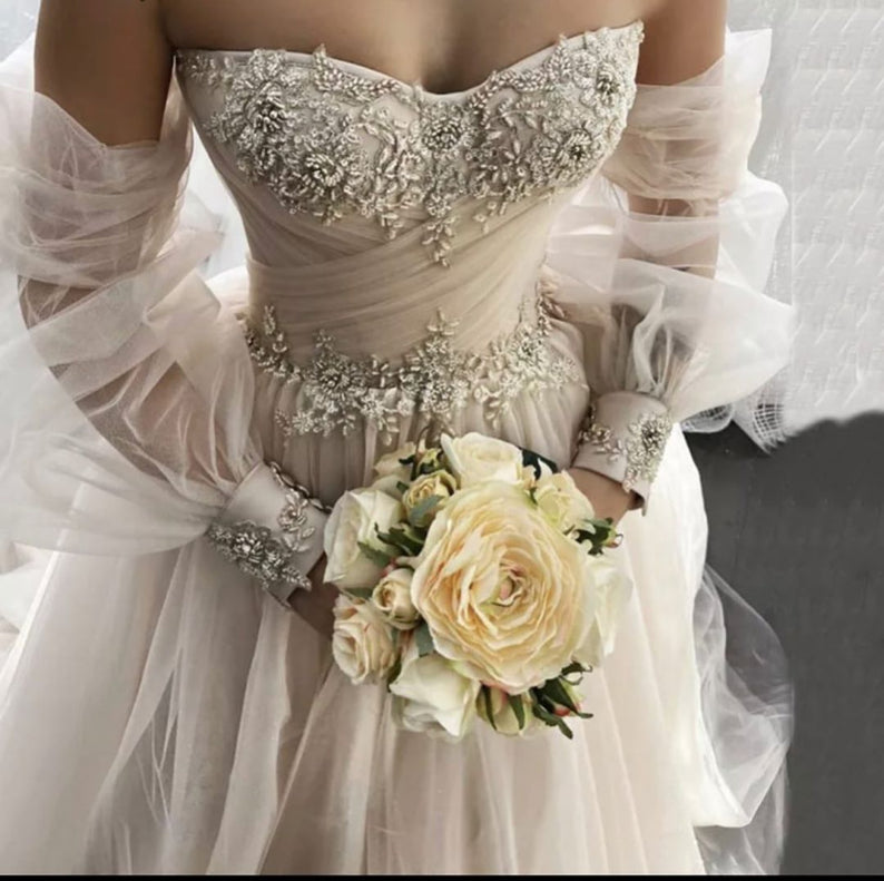 Sweetheart Romantic Lace A-Line Wedding Dress Long Sleeve with Crystal