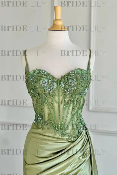 Sweetheart Ruched Satin Beadings Mermaid Prom Dress with Side Slit - Prom Dresses