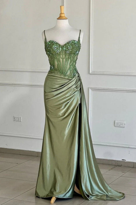 Sweetheart Ruched Satin Beadings Mermaid Prom Dress with Side Slit - Prom Dresses