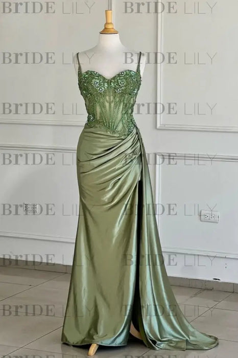 Sweetheart Ruched Satin Beadings Mermaid Prom Dress with Side Slit - Prom Dresses