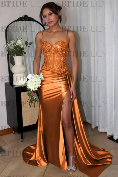 Sweetheart Ruched Satin Beadings Mermaid Prom Dress with Side Slit - Prom Dresses